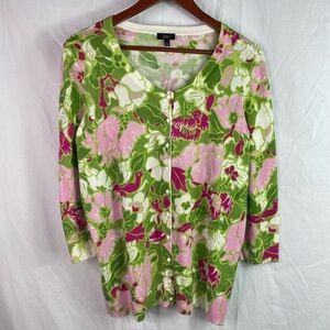 TALBOTS Women's Bright Color Floral Knit Cardigan Sweater Size 1XP Green Career